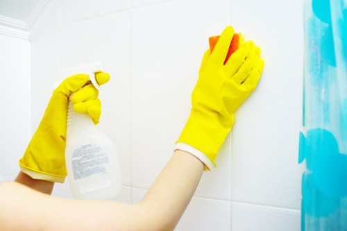 Cleaner working in a modern flat in Lewisham